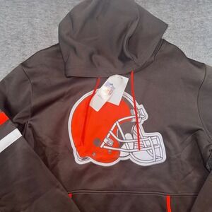 Cleveland Browns NFL Men Stitched Helmet Logo Brown Fleece Pullover Hoodie L NEW